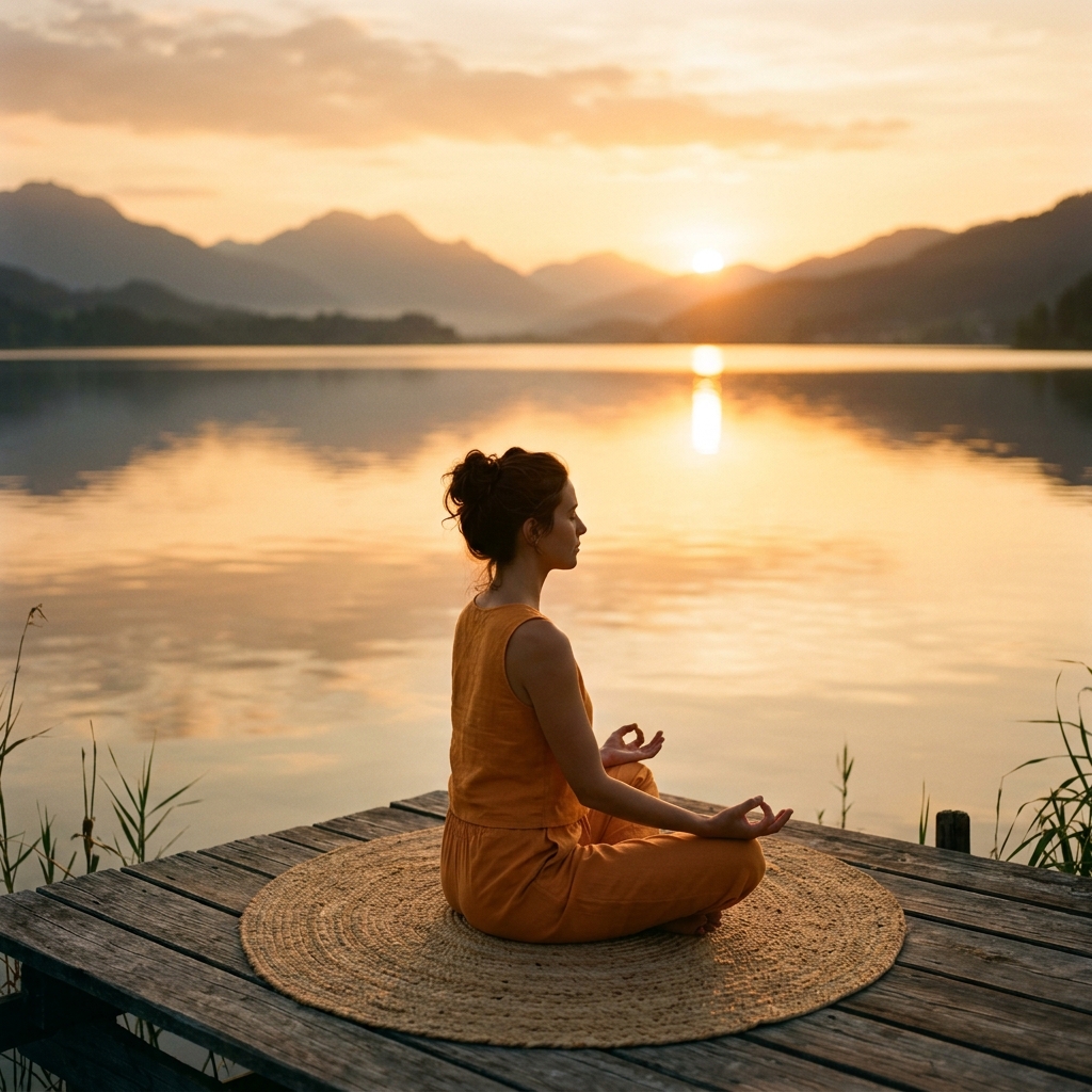 Person meditating at sunrise